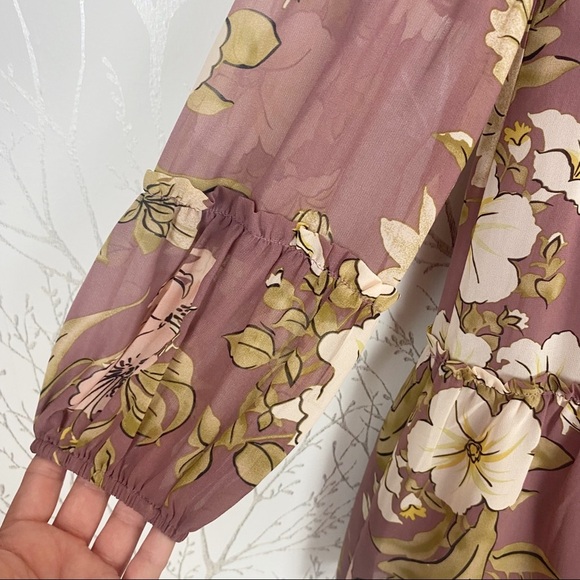 LOVE + HARMONY Mauve Floral Tiered Ruffle Mini Dress Medium Boho Peasant - Picture 7 of 12